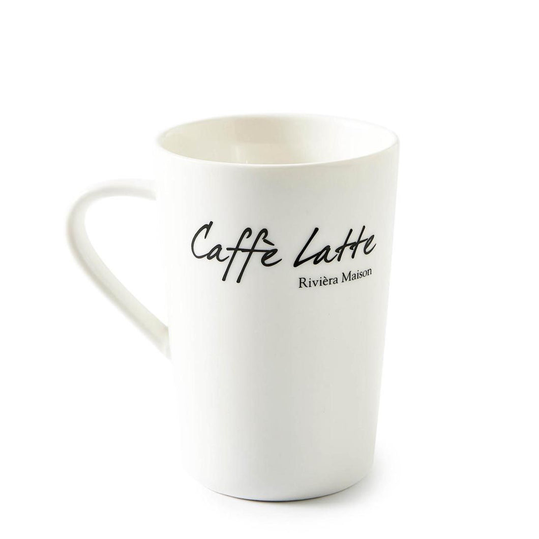 Weisse Tasse mit schwarzer Aufschrift Caffe Latte